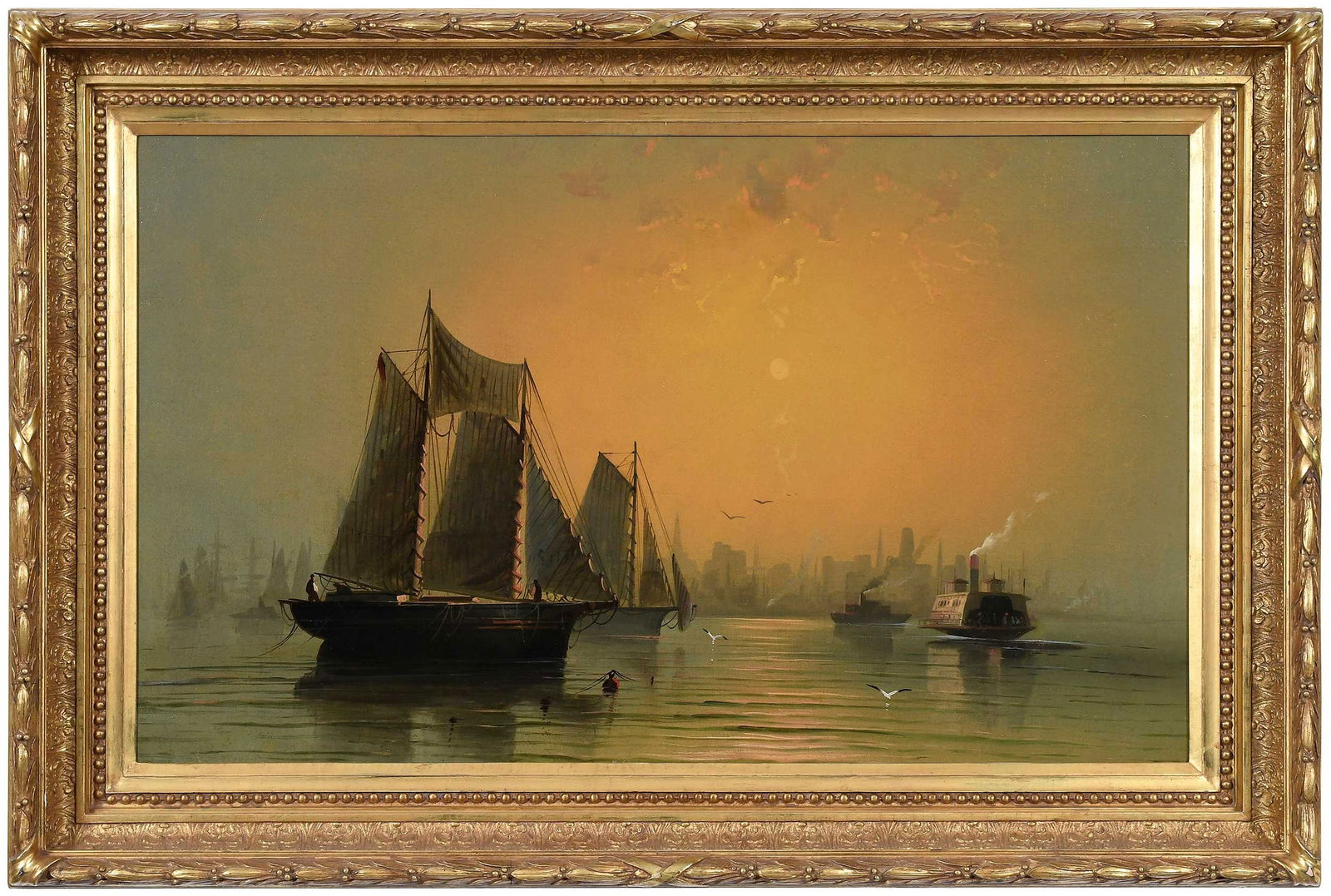 Andrew W. Melrose: (California/New Jersey, 1836-1901) Morning in New York Harbor, signed and titled somewhat illegibly in pencil stretcher verso, oil on canvas, 22 x 36 in.; fine period gilt wood frame,