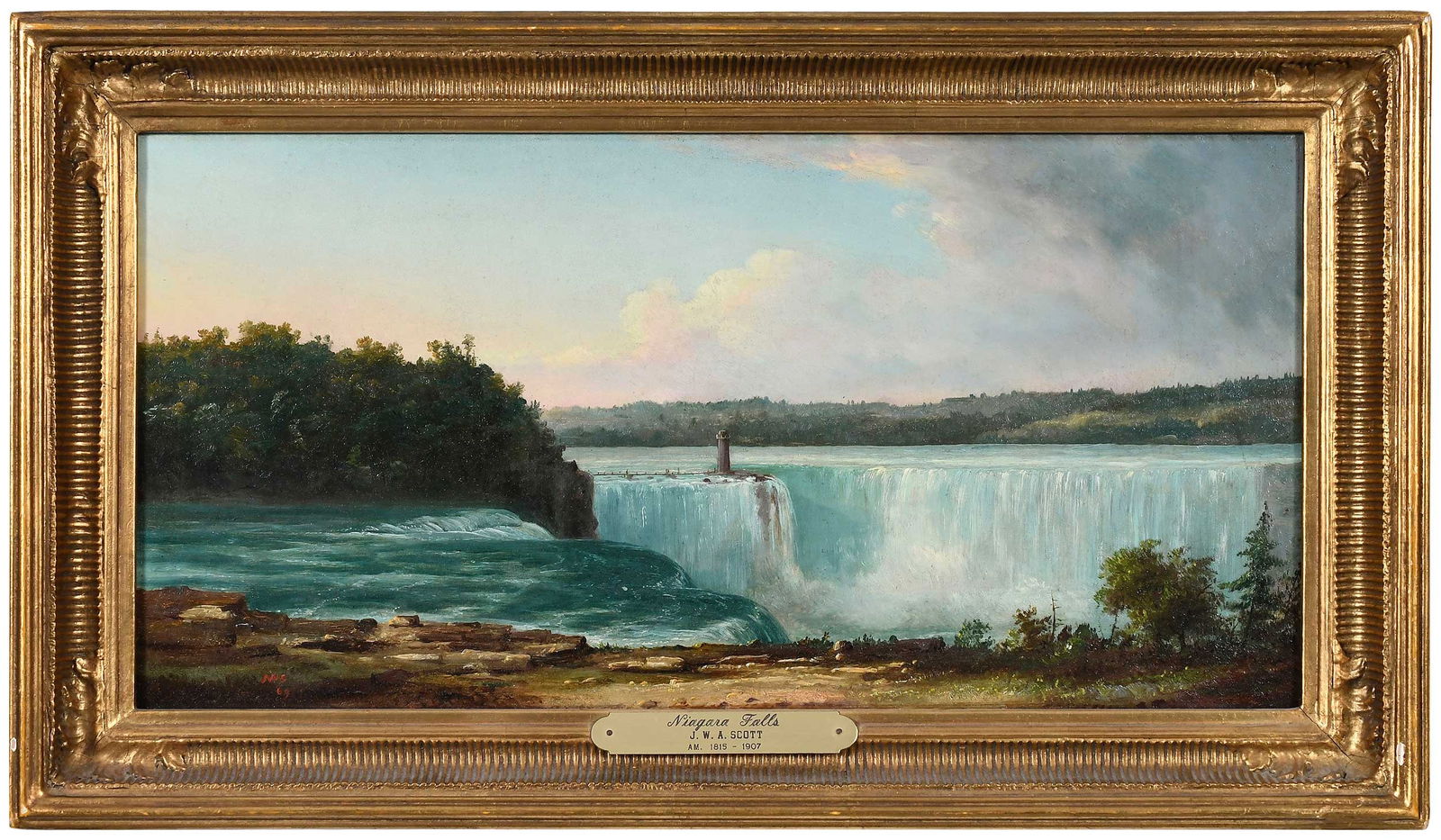 John White Allen Scott: (Massachusetts, 1815-1907) Niagara Falls, 1869, signed with initials lower left JAW S 69", oil on canvas, 10 in.; carved gilt wood frame, 13-1/2 x 23-1/2 x 2 in. 