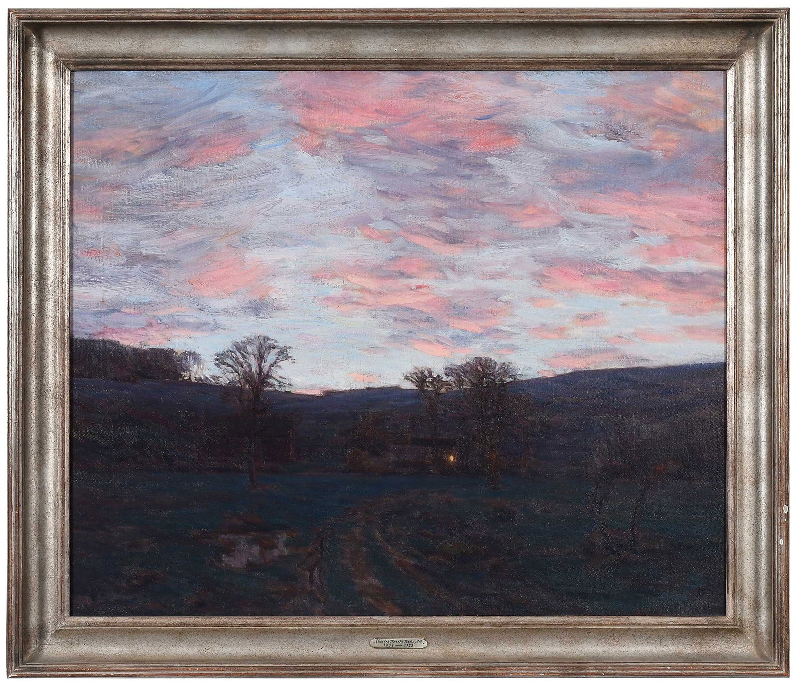 Charles Harold Davis: (Connecticut/New York/Massachusetts,1856-1933) Sundown Under a Blazing Sky, signed lower left "C.H. Davis.", oil on canvas, 25-1/4 x 30 in.; silver finished frame, 30 x 34-3/4 x 3 in.&n
