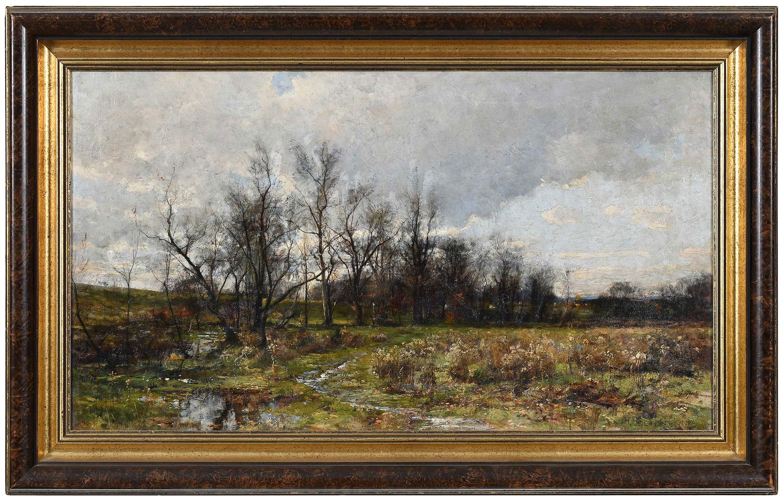 Hugh Bolton Jones: (American, 1848-1927) Reflections of Spring, signed lower right "H. Bolton Jones", oil on canvas, 18-1/4 x 32 in.; reproduction burl and gilt wood frame, 24-1/4 x 38 x 2-1/2 in. Provena