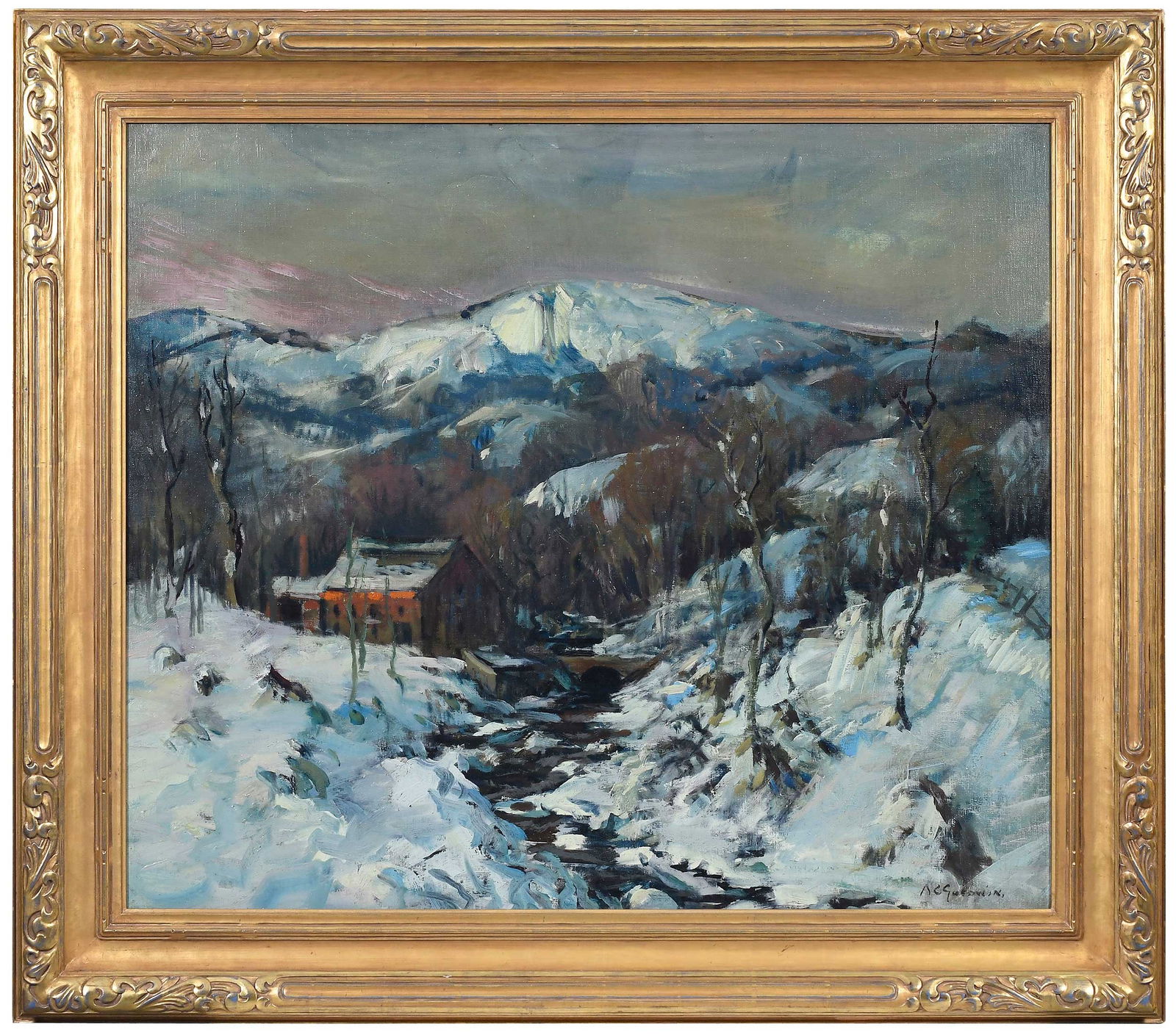 Arthur Clifton Goodwin: (American, 1866–1929) Snowy Banks of the River, signed lower right "A.C. Goodwin", oil on canvas, 34 x 40 in.; fine reproduction carved gilt wood and composition frame, 43-1/