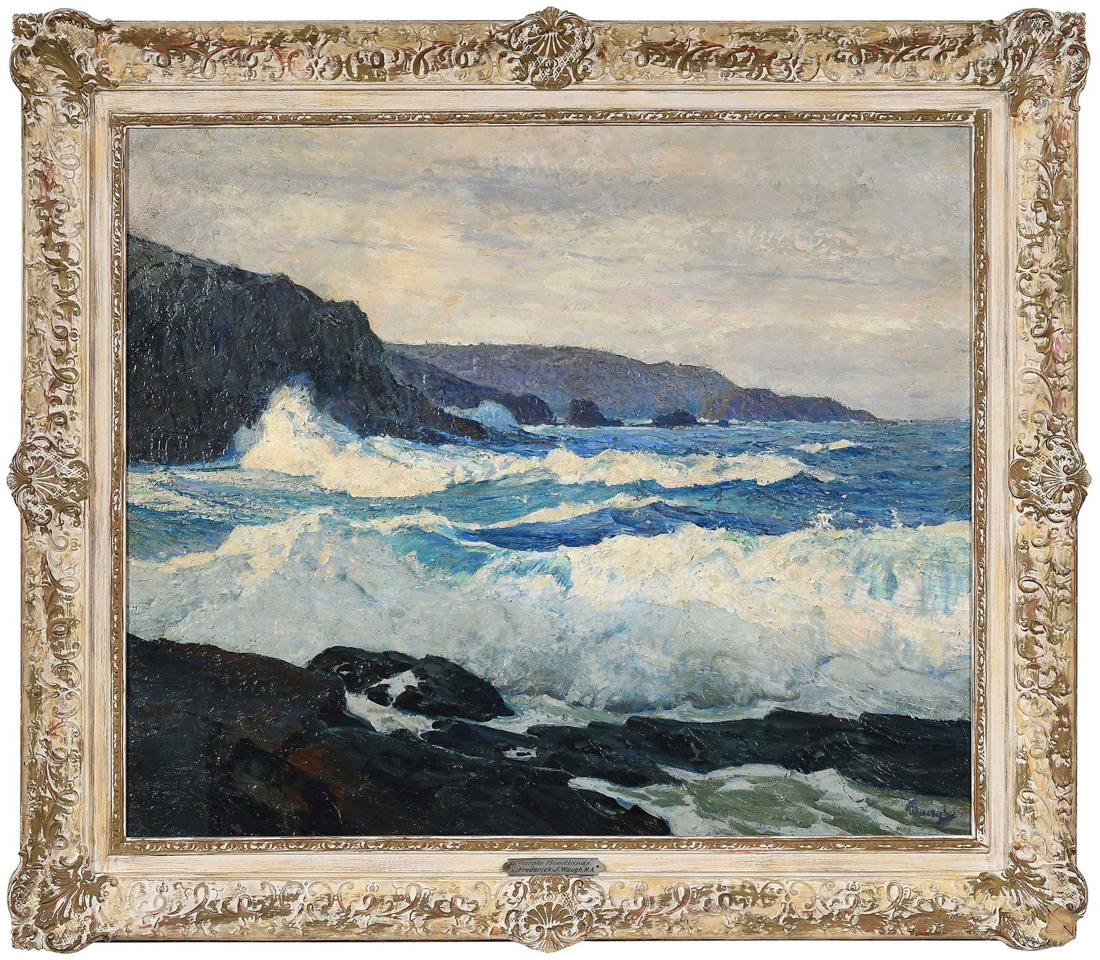 Frederick Judd Waugh: (American, 1861-1940) Purple Headlands, signed lower right "Waugh", oil on Masonite, 25 x 30 in.; period carved rubbed finish gilt wood frame, 32 x 37 x 2-1/4 in. Provenance: Grand Central A