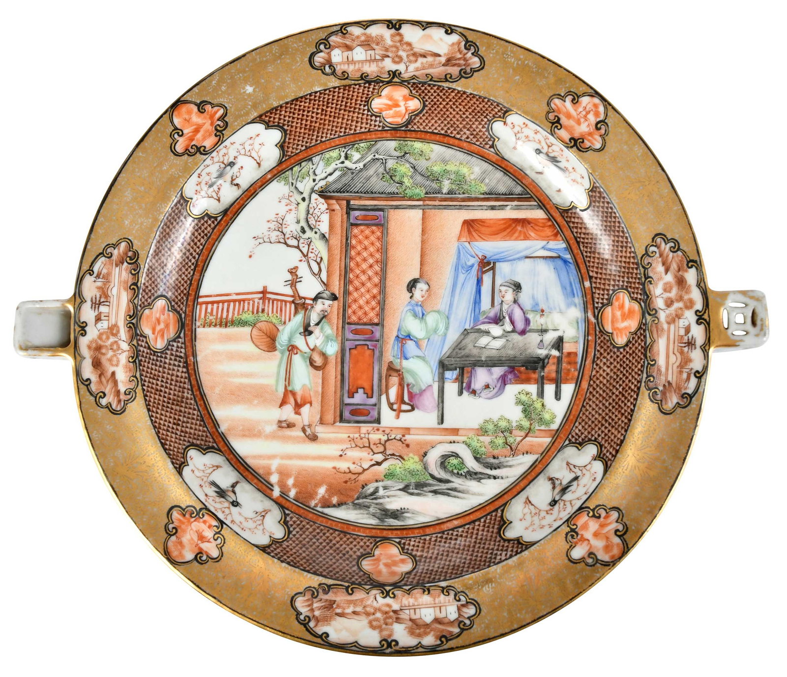 Chinese Export Rockefeller Pattern Porcelain Hot Water Dish: 19th century, gilt and brick red enamel, 2 x 11-1/4 x 9-5/8 in. Provenance: Waria, Gothenburg, Sweden (label); Private Collection, North Carolina