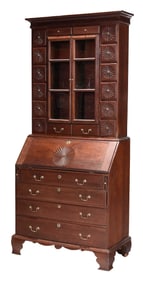 American Folk Art Fan Carved Cherry Desk and Bookcase