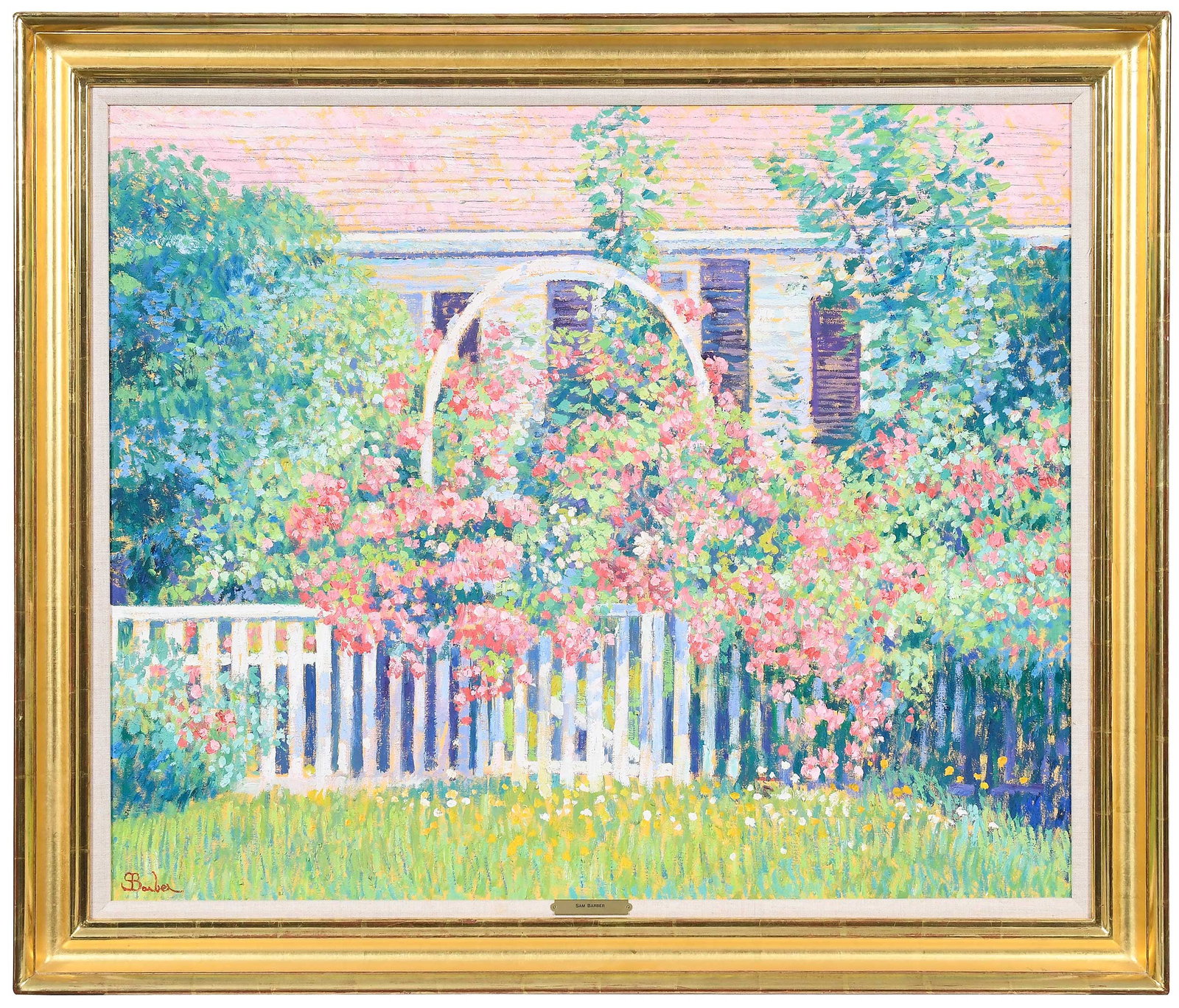 Sam Barber: (Massachusetts, born 1943) Rose Cottage, 1987, signed lower left "SBarber", inscribed with title and date canvas verso, oil on canvas, 30 x 36 in.; gilt wood frame, 36 x 42 x 2 in.
