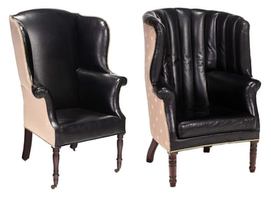 Two Similar Federal Black Leather Upholstered Wingback Chairs