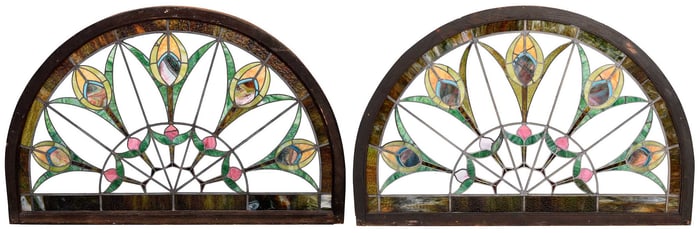 Pair of Large Arched Stained Glass Windows with Stylized Floral Panels