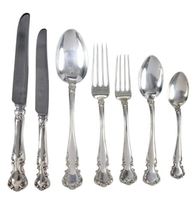 Simons Bros. Flanders Sterling Flatware, 82 pieces, with Fitted Case on Stand