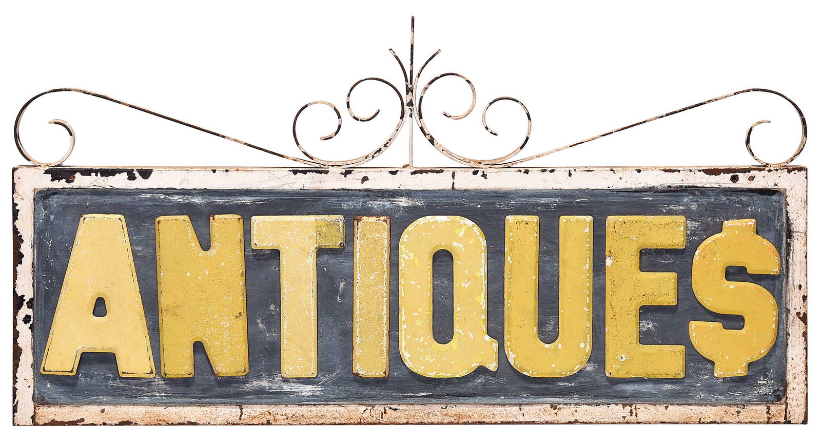 Vintage Southern Painted Metal Antiques Trade Sign: American, circa 1920's, found in Americus Georgia, heavy metal frame with applied letters, 19 x 36-1/2 x 1-1/4 in.