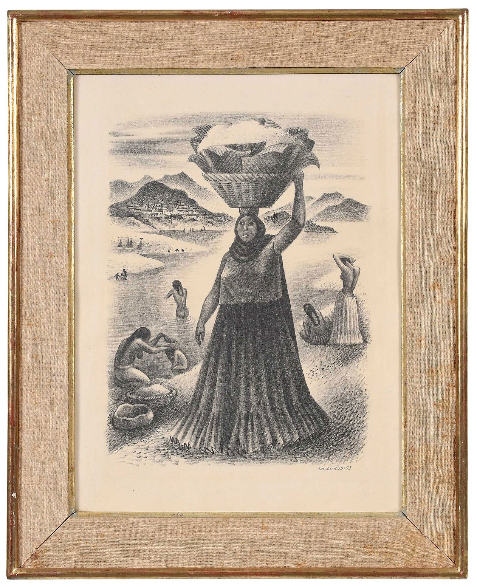 Miguel Covarrubias, Tehuanas: (Mexican-American, 1904-1957) Tehuantepec River, 1951, from the edition of 250, signed in pencil lower right "Covarrubias", Associated American Artists, publisher, gallery label ve