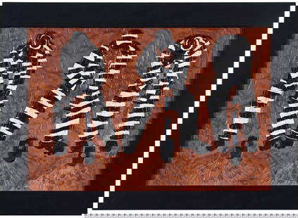 Winfred Rembert: (American/Georgia, 1945-2021) Chain Gang, inscribed bottom right "Winfred Rembert", dye on carved and tooled leather, 10-1/2 in. x 15-1/4 in.; metal frame 12-3/4 x 17-3/4 x 2 in. Provenance: Purchased