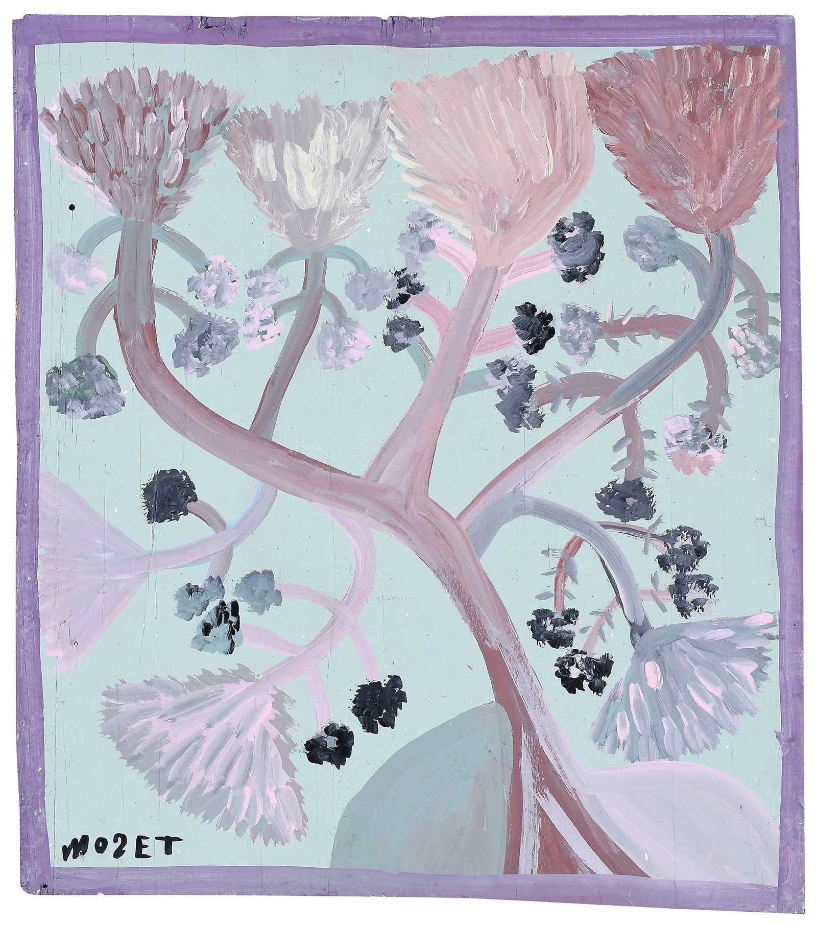 Mose Tolliver: (American/Alabama, 1918-2006) Tree of the Valley, signed recto and titled verso, paint on board, 25-5/8 x 22-3/4 x 3/8 in. Provenance: Collection of Micki Beth Stiller, Montgomery, Alabama