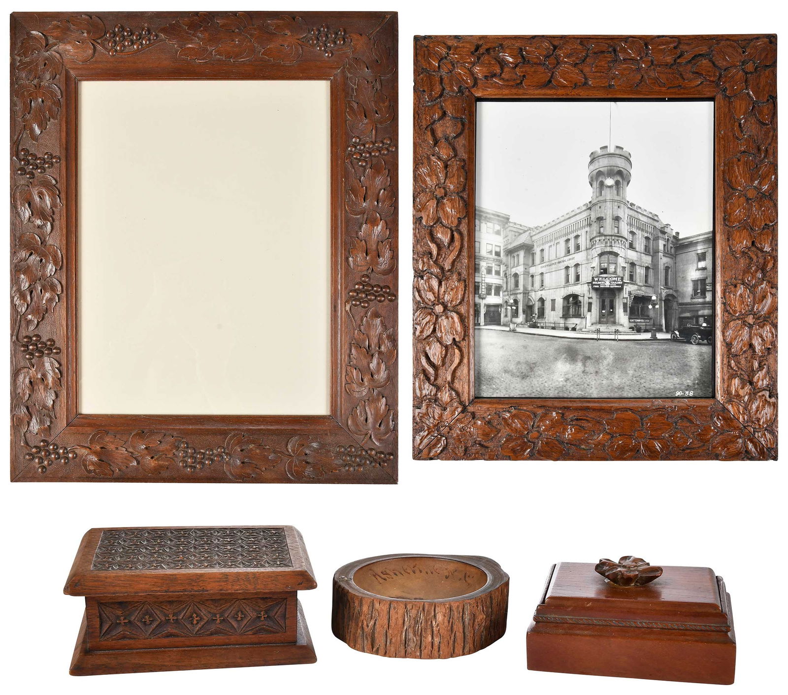 Five Southern Studio Carved Wood Table Objects: North Carolina, 20th century, assorted maker's marks, comprising: two lidded boxes; ashtray; two picture frames; largest 16-3/4 x 14 x 3/4 in. Provenance: Private Collection, Asheville, North Caro