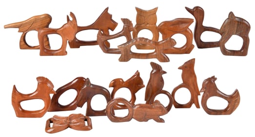 18 Brasstown Animal Form Carved Wood Napkin Rings, Various Makers