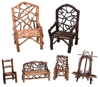 Five Pieces of Miniature Folk Art Twig Furniture and Easel