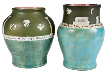Two Pisgah Forest Masonic Themed Pottery Vases