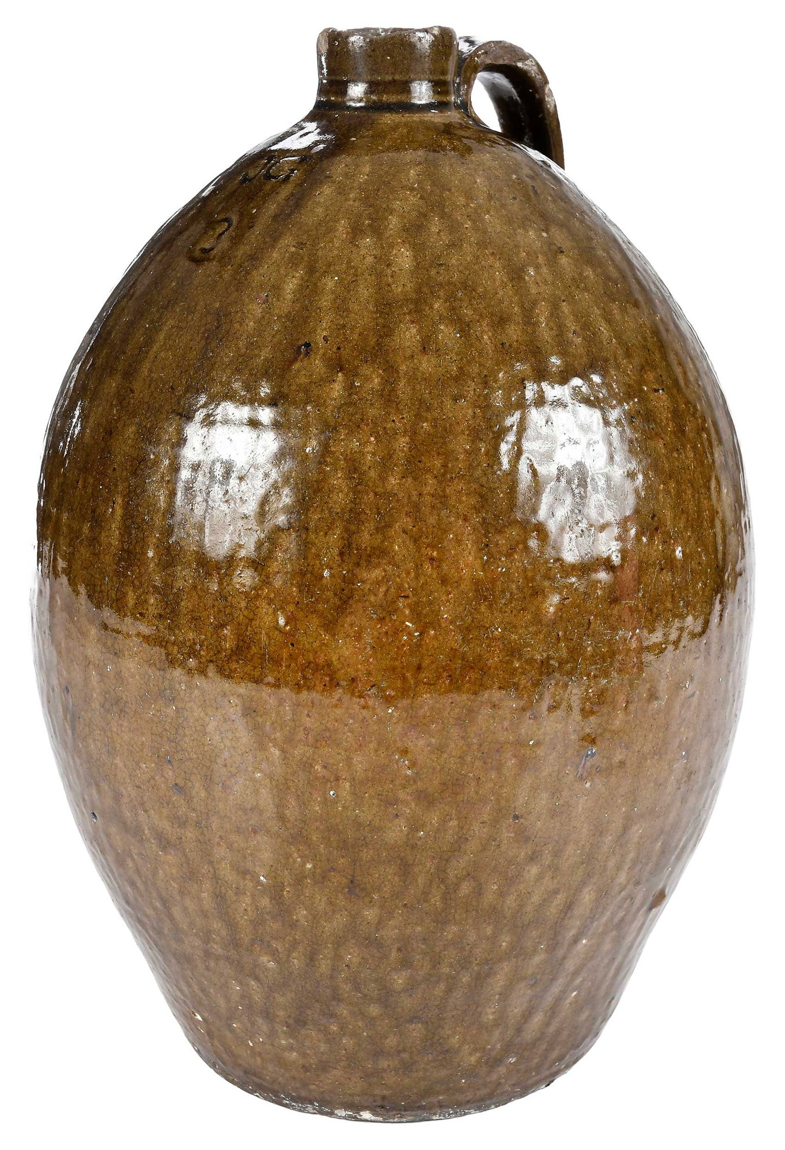 John Goodman Catawba Valley North Carolina Stoneware Jug: (Lincoln County, North Carolina, b.1822 d.1907) glassy runny olive green alkaline glaze, tapered ovoid form, stamped "JG" and "3" at shoulder, applied arched ridged strap handle, s