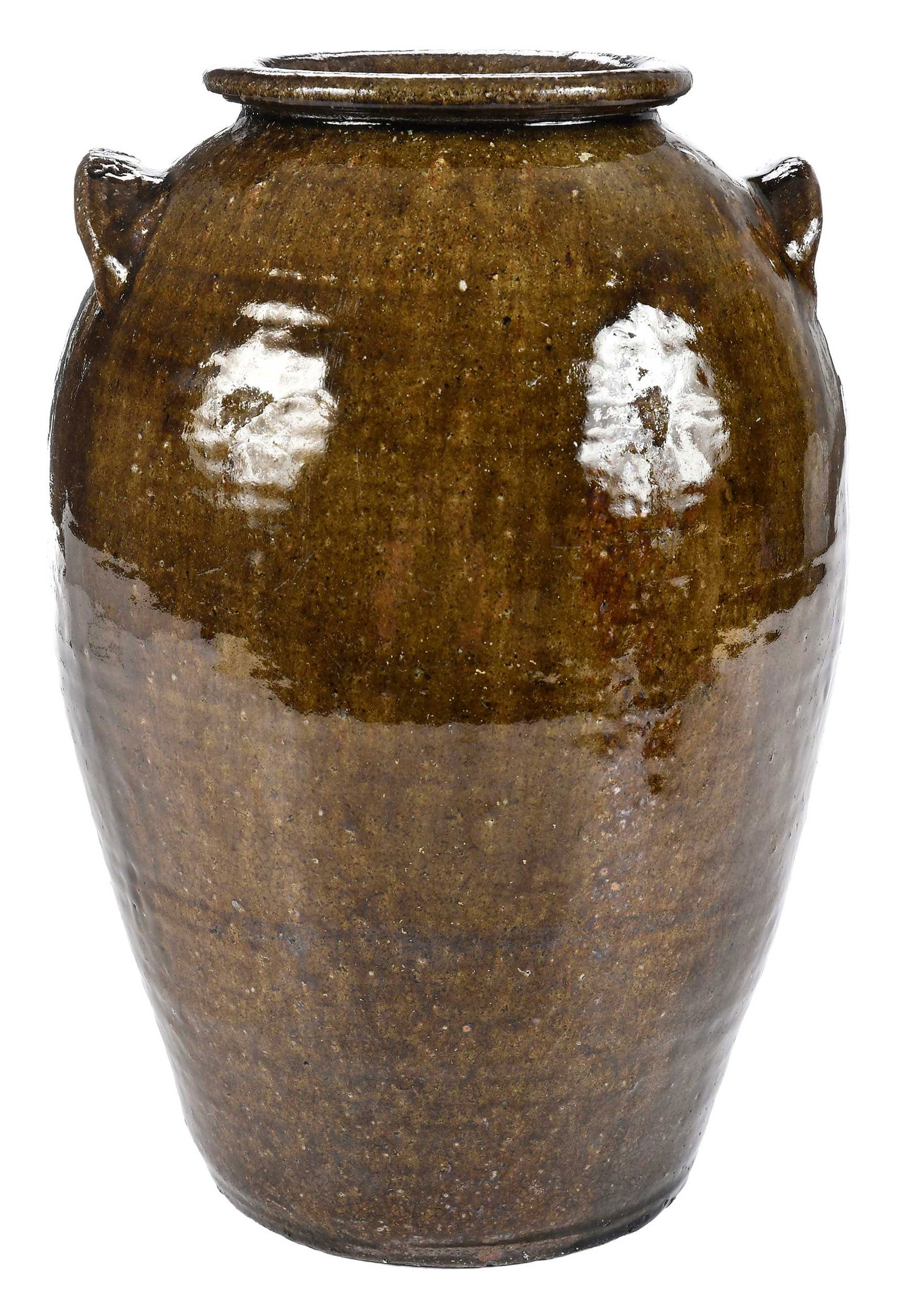 Nelson Bass Catawba Valley North Carolina Stoneware Jar: (Lincoln County, North Carolina, b.1846 d.1918) runny olive green and brown mottled alkaline glaze, tapered ovoid form, two small applied lug handles at shoulder, one stamped "N-B 3", rounde