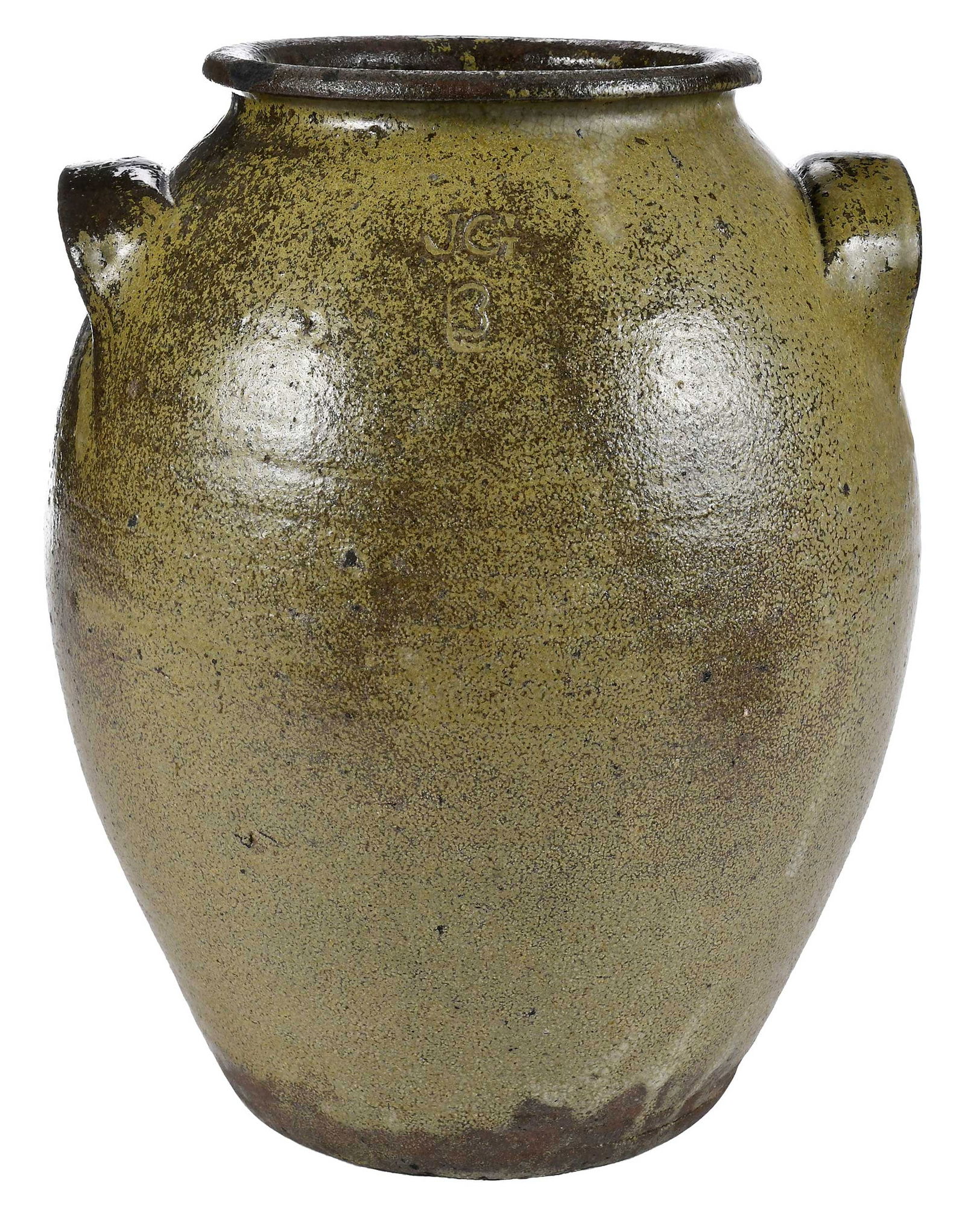 John Goodman Catawba Valley North Carolina Storage Jar: (Lincoln County, North Carolina, b.1822 d.1907) dark olive green and cream green underfired alkaline glaze, ovoid form, stamped "JG" and "3" at shoulder, two applied lug