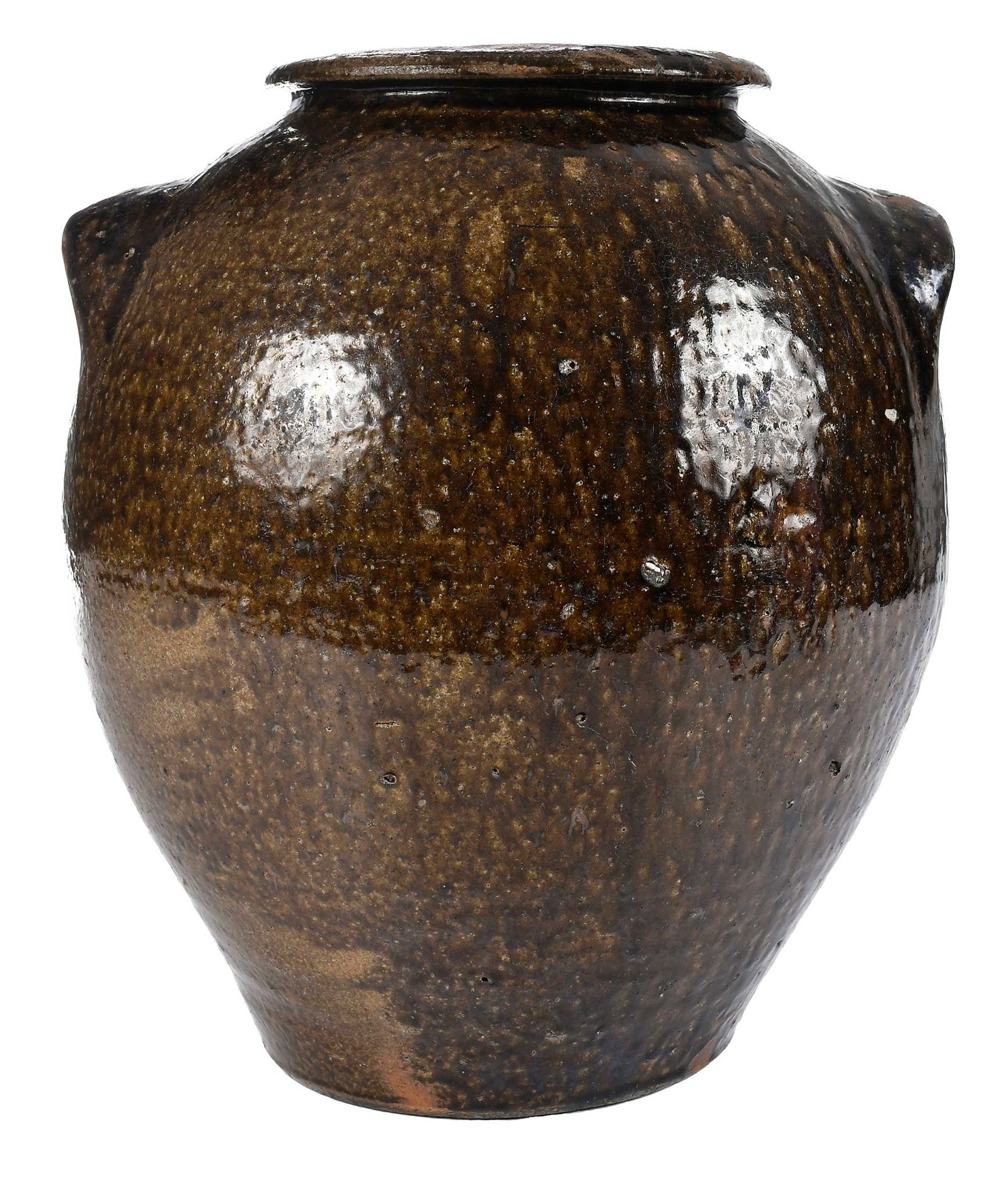 Unusual Seagle School Catawba Valley North Carolina Storage Jar: (Lincoln County, North Carolina, circa 1850s) dark olive green runny mottled alkaline glaze, tapered ovoid form, small stamped "6" at shoulder, applied curved down angled lug handles at shou