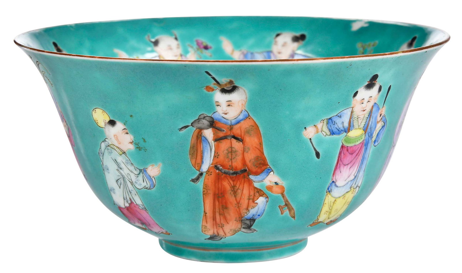 Chinese Enamel Decorated Porcelain Hundred Boys Bowl: Qing dynasty, six character Jiaqing reign mark to base, 3-1/4 x 6-7/8 x 6-7/8 in. Provenance: Estate of Theodora Lyons Morris, New York, New York; by descent in family