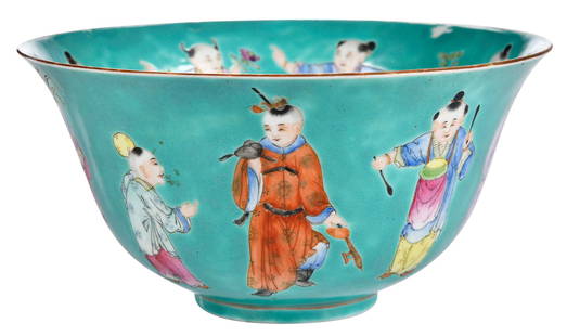 Chinese Enamel Decorated Porcelain Hundred Boys Bowl: Qing dynasty, six character Jiaqing reign mark to base, 3-1/4 x 6-7/8 x 6-7/8 in.Provenance: Estate of Theodora Lyons Morris, New York, New York; by descent in family