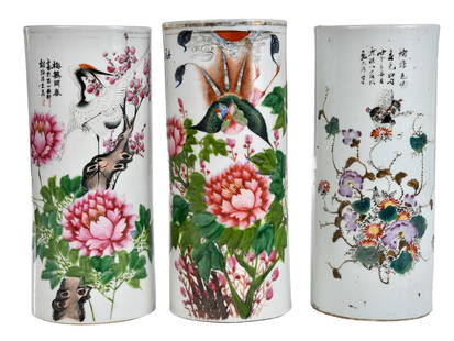 Three Chinese Enameled Porcelain Hat Vases: circa 1900, rubber stamp reign marks to bases, largest 11-1/8 x 4-3/4 x 4-7/8 in.Provenance: Private Collection, Biltmore Forest, North Carolina