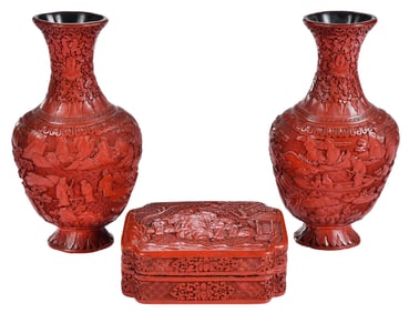 Pair of Chinese Cinnabar Vases and Tabletop Box