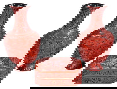 Pair of Chinese Cinnabar Vases and Tabletop Box: 20th century, lacquered interiors and bases, largest 10-1/4 x 5-3/4 x 3-1/2 in.Provenance: Private Collection, Biltmore Forest, North Carolina
