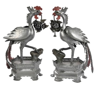 Pair Chinese Pewter Phoenix Figures