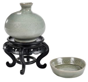 Chinese Celadon Small Dish and Ovoid Vase with Stand