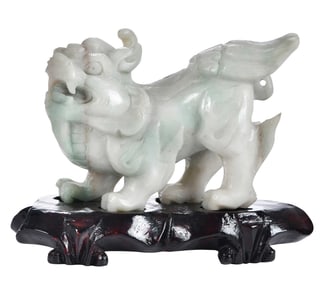 Chinese Carved Jade Qilin Figure on Stand