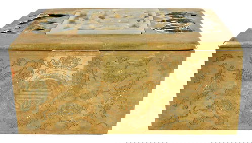 Chinese Brass Box with Inset Jade Bats and Dragon Plaque