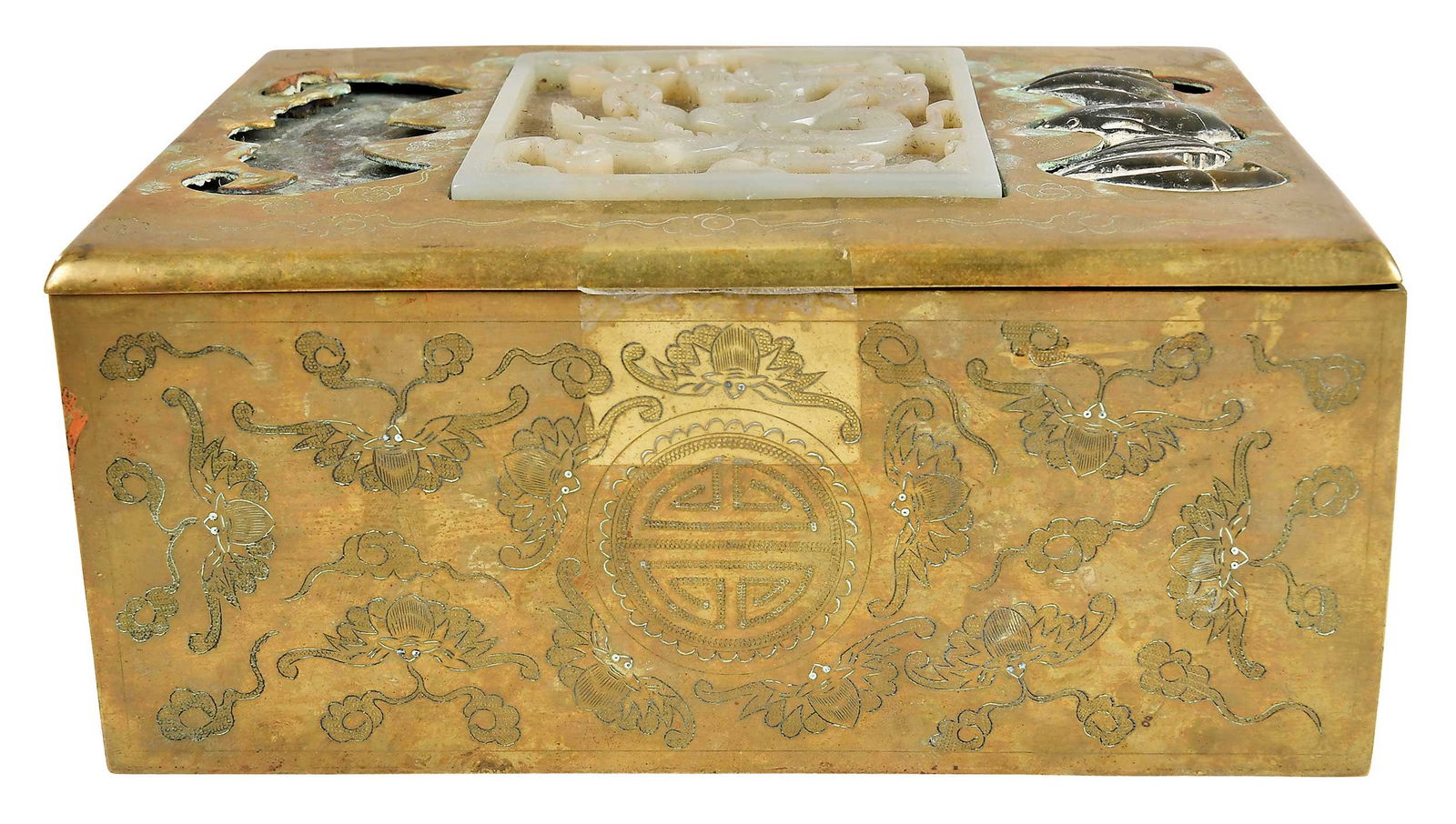 Chinese Brass Box with Inset Jade Bats and Dragon Plaque (1 of 9)