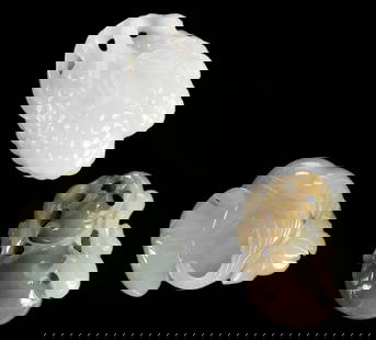 Three Chinese Carved Jade Objects: lychee, lotus, and gourd, largest 2-1/8 x 1-1/2 x 3/4 in.Note: These items tested as jadeite (lotus, lychee) and nephrite (gourd) on the Presidium Gem Tester II.