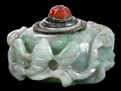 Chinese Carved Mottled Green Jade Water Coupe: crayfish motif decoration, approx. 1 x 2-1/4 x 2-1/4 in.Note: This item tested as jadeite on the Presidium Gem Tester II.