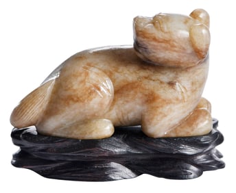 Chinese Carved Mottled Brown Jade Cat with Wood Stand