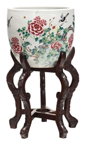 Chinese Enamel Decorated Porcelain Jardiniere with Carved Wood Stand