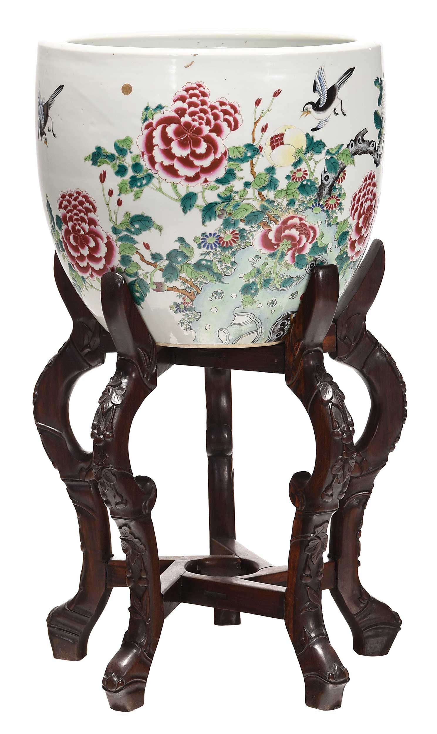 Chinese Enamel Decorated Porcelain Jardiniere with Carved Wood Stand (1 of 9)