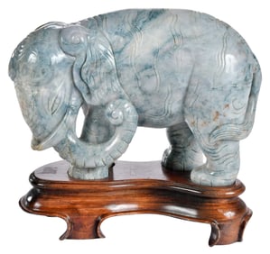 Large Chinese Carved Mottled Blue Jade Elephant on Stand