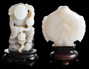 Two Small Chinese Carved Whitish Jade Figures with Wood Stands