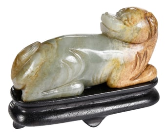 Chinese Carved Jade Dog with Wood Stand
