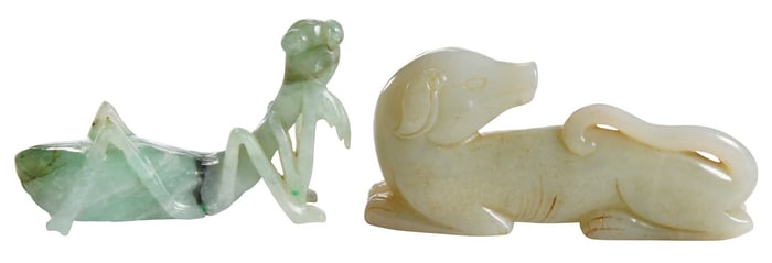 Two Chinese Carved Mottled Jade Animal Figures, Whitish and Green