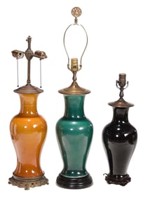 Three Chinese Monochrome Glaze Vases Mounted as Lamps