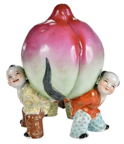 Chinese Export Famille Rose Porcelain Figural Scene, Boys Carrying Peach