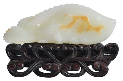 Chinese Carved White and Russet Jade Fish with Stand