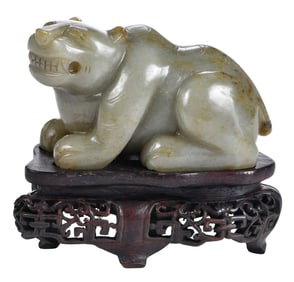 Chinese Carved Green Jade Tiger on Stand