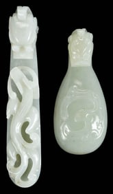Two Chinese Carved Pale Green Jade Belt Hooks