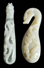 Two Chinese Carved Jade Dragon Form Belt Hooks, Whitish and Pale Green