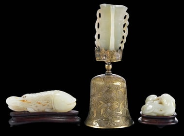 Three Chinese Carved Jade and Brass Objects